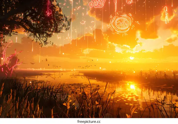 The setting sun shines on the lake and the wetland.The reflection of the setting sun shines on the lake and the wetland.