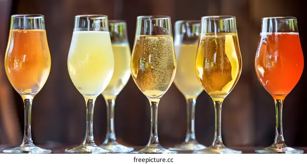 Close Up of Five Glasses of Sparkling Wine