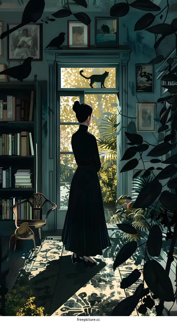 A woman standing in a library looking out the window
