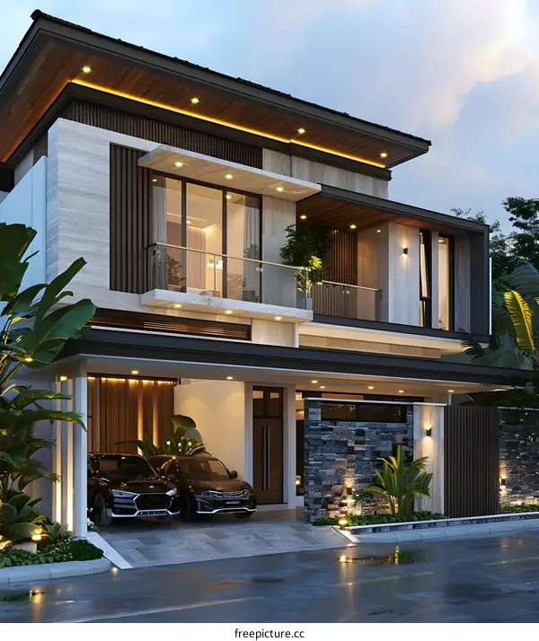 Modern Two Story House Design with Black Cars in the Garage