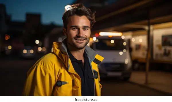Delivery Man in front of his van at night