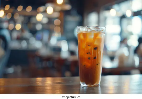 Iced coffee in a glass on a wooden table in a cafe
