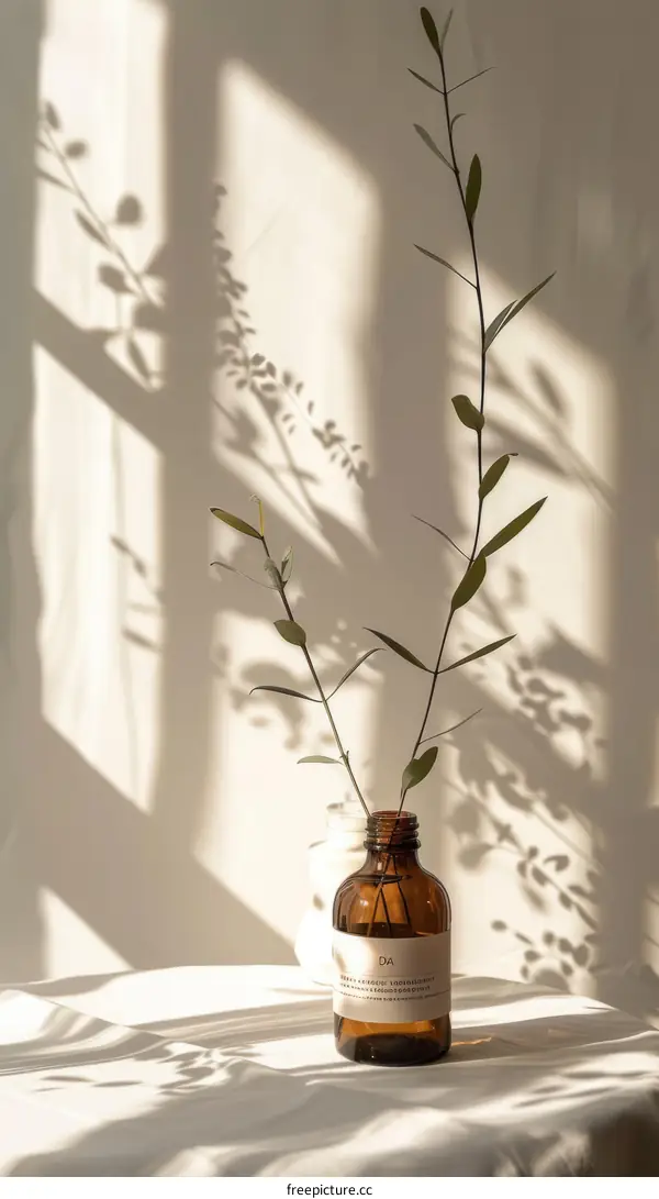 brown glass bottle with green leaves and white label on white background
