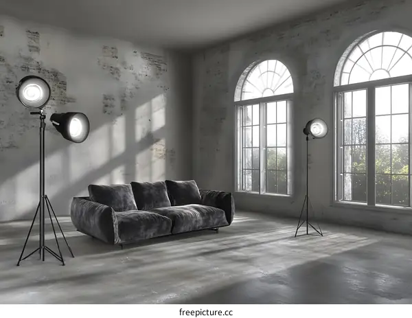 Interior Design of a Loft with a Grey Sofa and Arched Windows