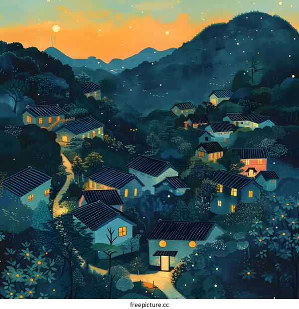 Night Village Landscape Illustration