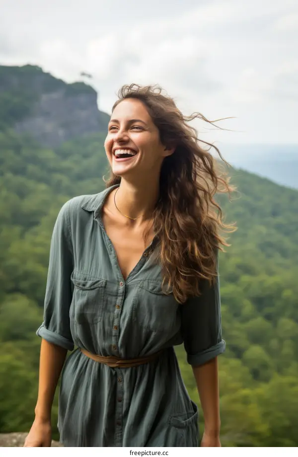 Laughing woman in green dress standing on mountaintop