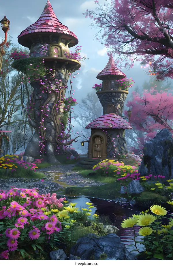 Fantasy Towers in a Blooming Forest