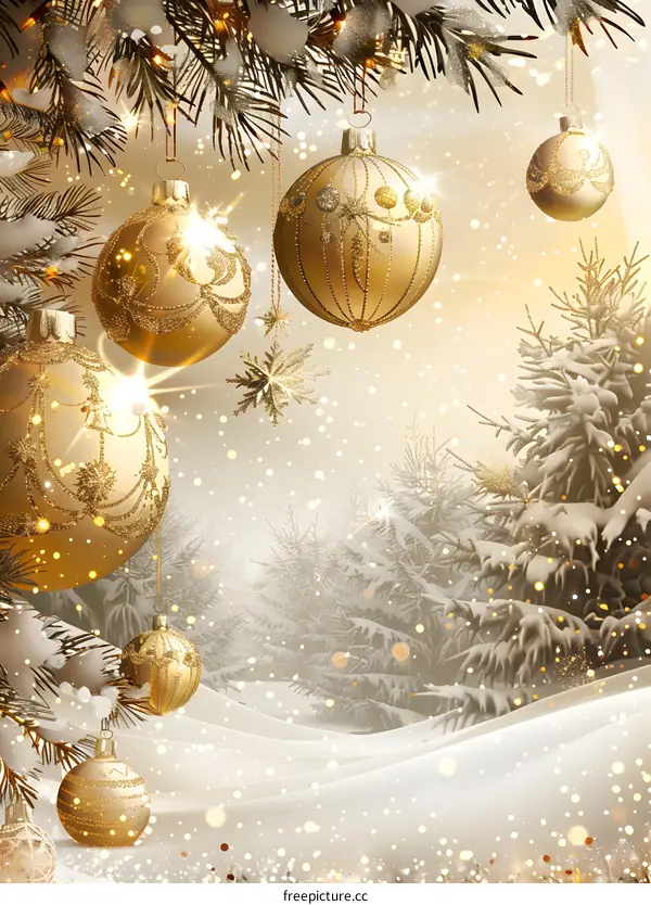 Christmas ornaments hanging from a snowy tree branch