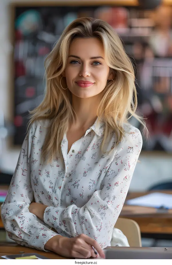 Portrait of a Confident Young Woman with Blonde Hair and a White Shirt