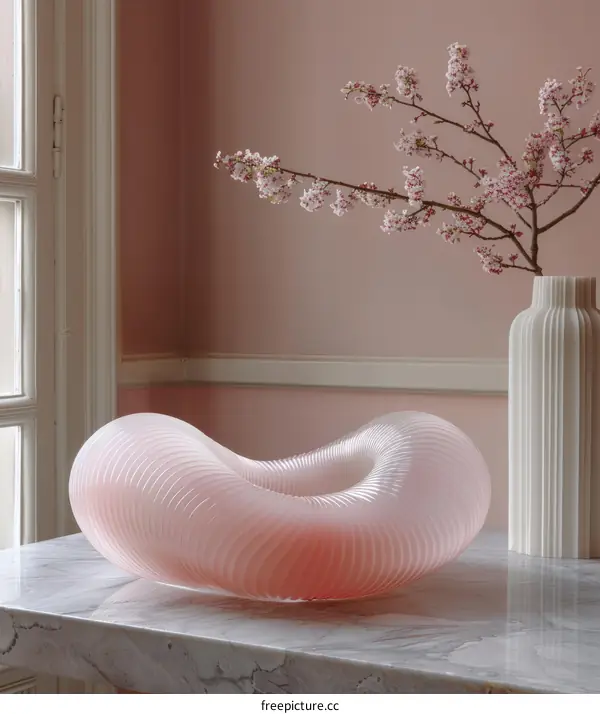 Pink sculptural bowl with cherry blossom branches