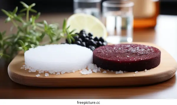 Two kinds of salt with lemon and juniper berries on a wooden board