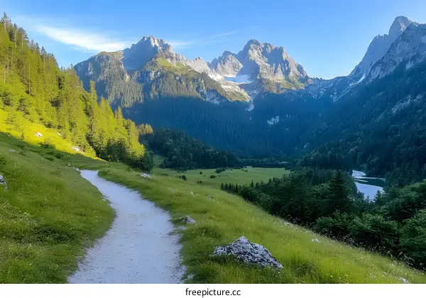 Mountain Trail Winding Through Lush Green Valley