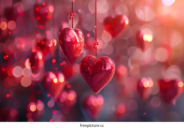 Two red heart-shaped ornaments hanging from strings with blurred red heart-shaped bokeh in the background