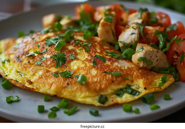 omelette with chicken and tomato salad