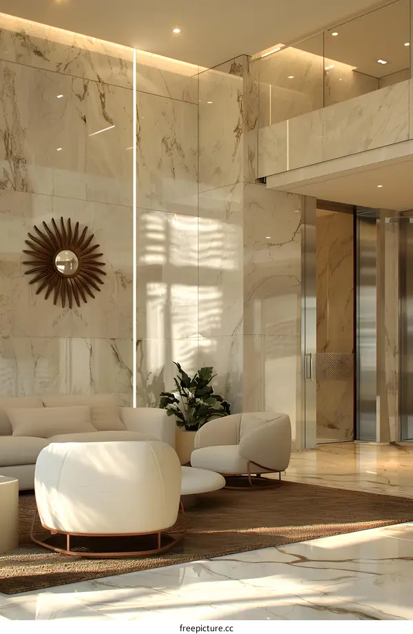Modern hotel lobby interior with white marble walls, comfortable chairs, and a decorative mirror
