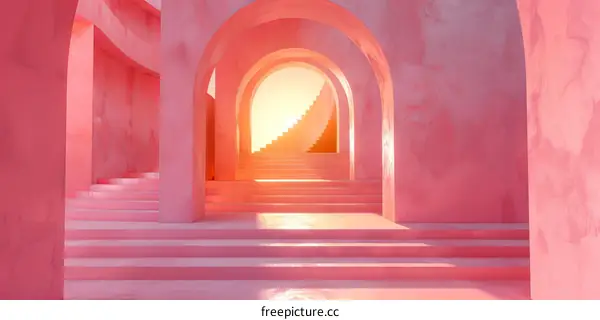 Surreal Pink Architecture with Arches and Stairs