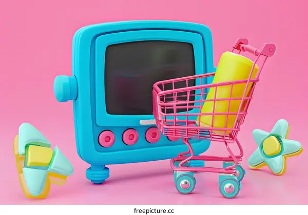 3D Cartoon Render of Retro Television and Shopping Cart