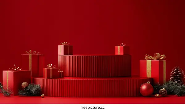 Christmas Gift Boxes on Red Display Platform