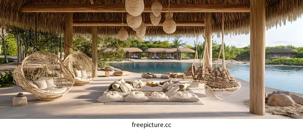 Tropical Resort with Woven Hanging Chairs and Pool