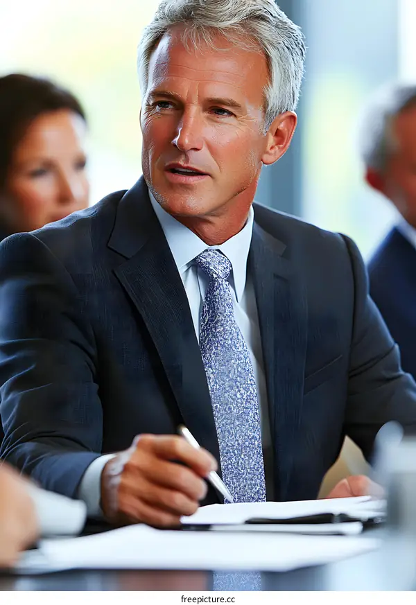 Businessman in a Suit Taking Notes During a Meeting