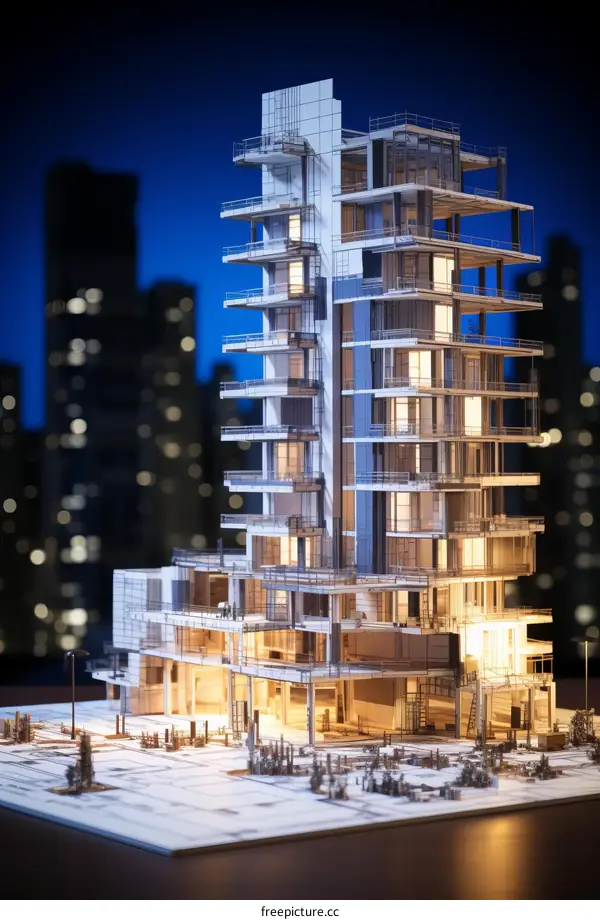 Architectural Model of an Apartment Building on Blue Background