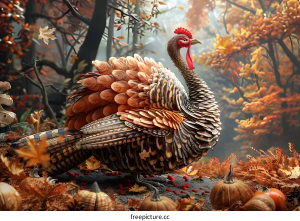 A majestic turkey stands in a field of pumpkins and fall leaves.