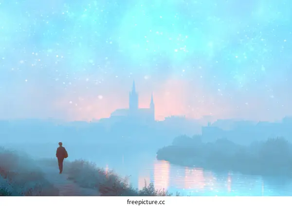 Silhouette of Person Walking Through Misty Cityscape at Dawn