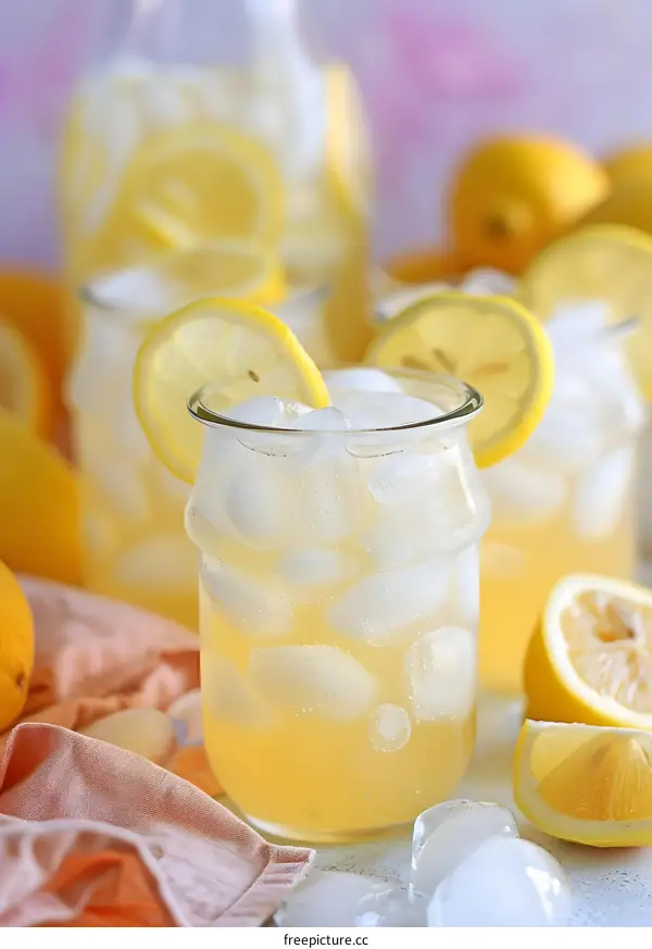 Refreshing Summer Lemonade with Ice and Lemon Slices