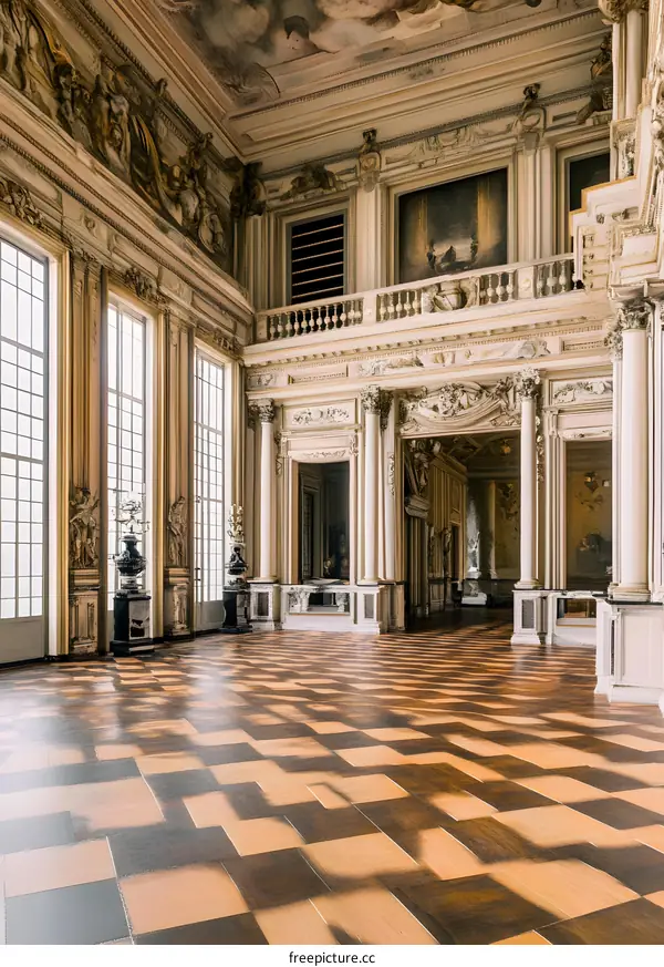 Ornate Interior of a Historic Building with Checkered Floor