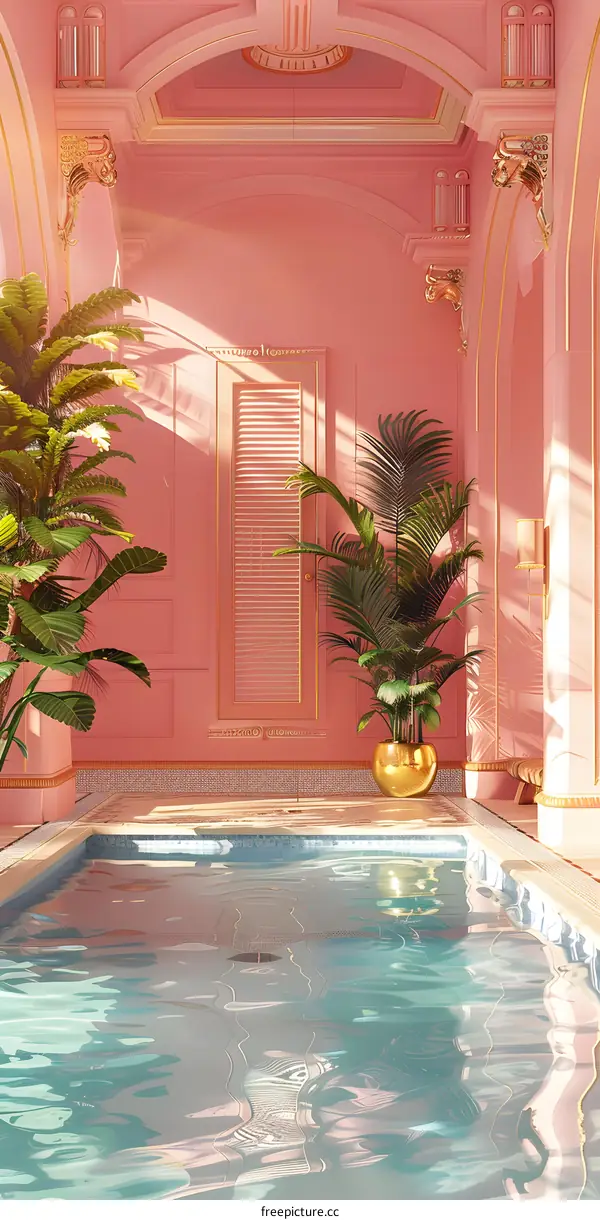 Pink Indoor Pool With Palm Trees