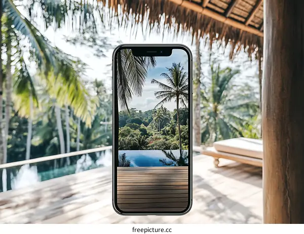 Phone screen showing tropical landscape with palm trees