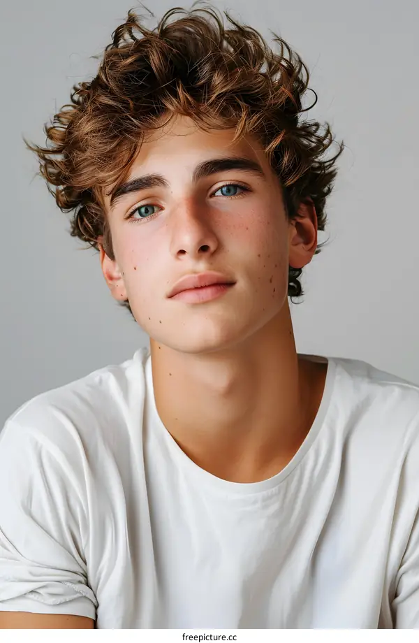 Portrait of a young man with curly brown hair and blue eyes