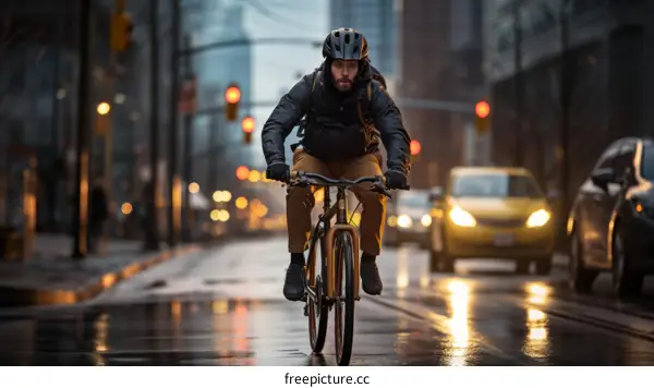 A cyclist rides through the city streets.