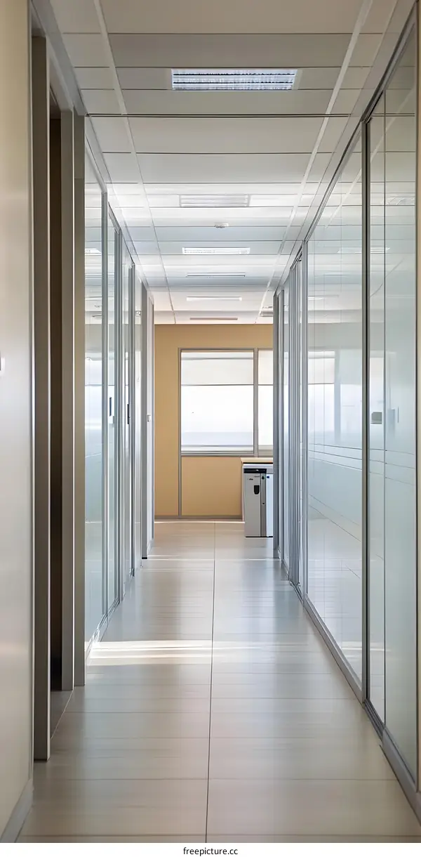 Modern Office Hallway with Glass Walls and Tile Floor