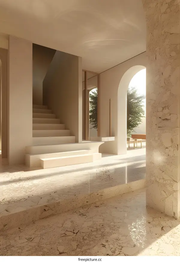 Minimalist Interior Design with Arched Entryway and Staircase