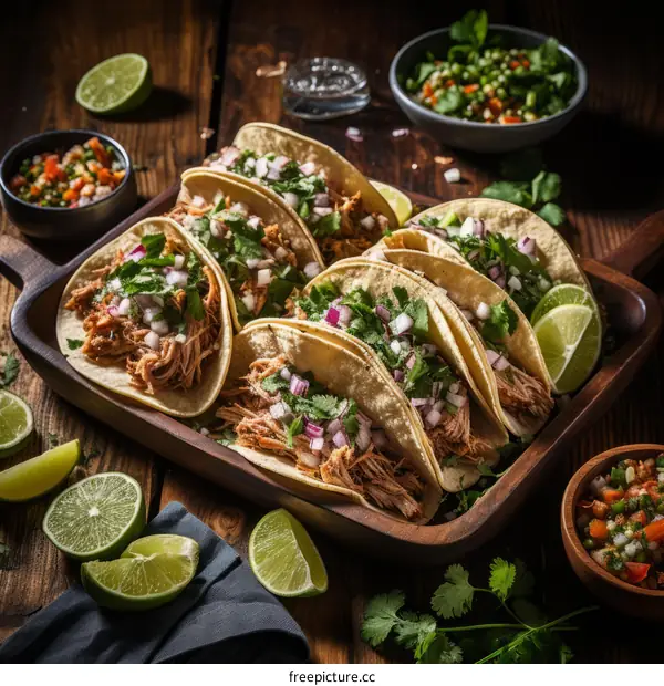 Delicious Mexican Tacos with Various Toppings on a Wooden Plate
