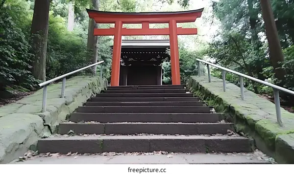 Red Torii Gate Leading to Stairs in Forest