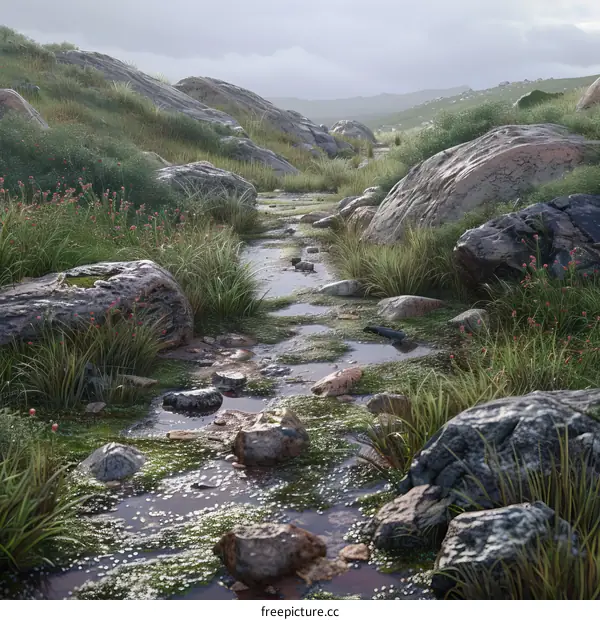 Rocky Stream Flowing Through a Grassy Valley