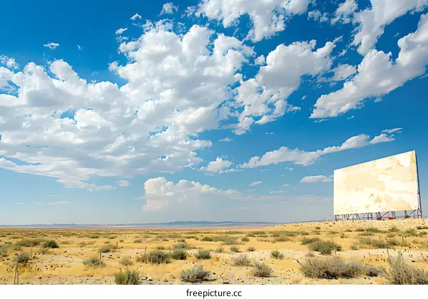 Blank Billboard In A Vast Desert Under Blue Sky With White Clouds
