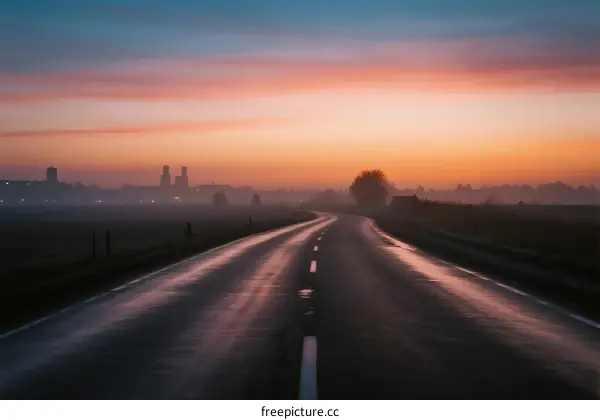 Sunrise over a quiet empty road with cityscape in the distance