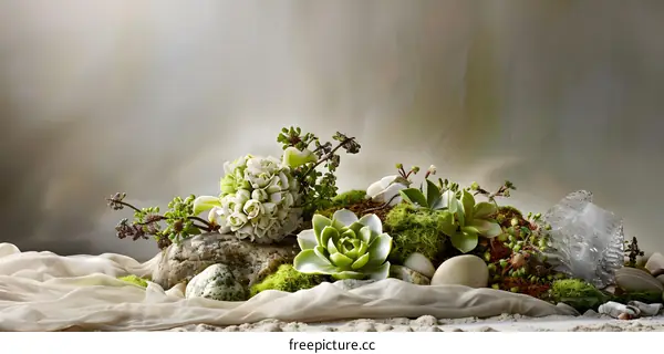 White Flowers and Succulents on Rocks and Moss