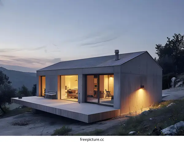 Modern Concrete House with Large Windows and Deck