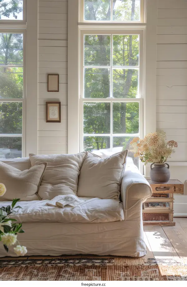 Cozy Living Room with Large Window and Comfortable Couch