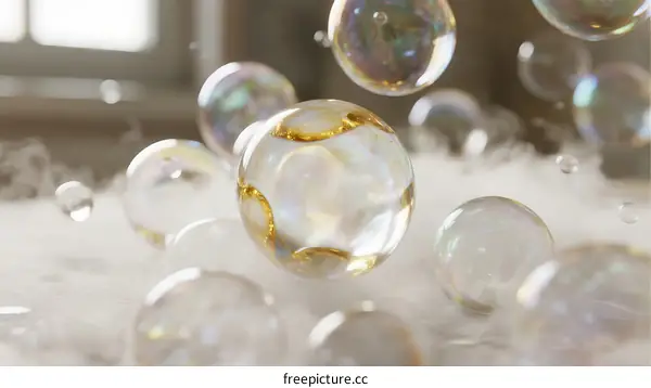 Bubbles with golden edges floating in the air
