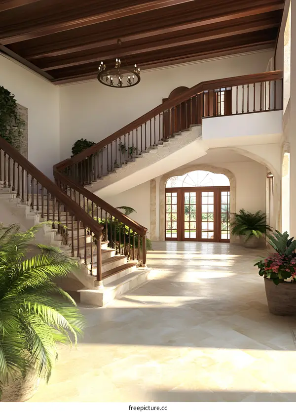 Elegant Staircase Interior Design With Wooden Railing And Chandelier