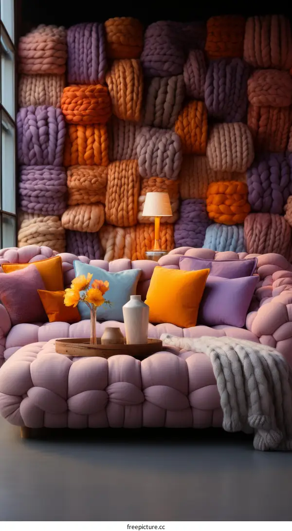 A colorful yarn wall and sofa with pillows and a vase of flowers