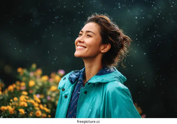 Woman Smiling in Rain Outdoors