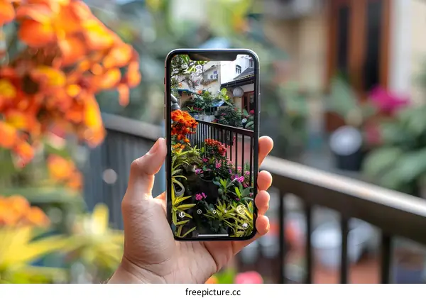Hand Holding Phone Displaying a Picture of a Backyard Garden