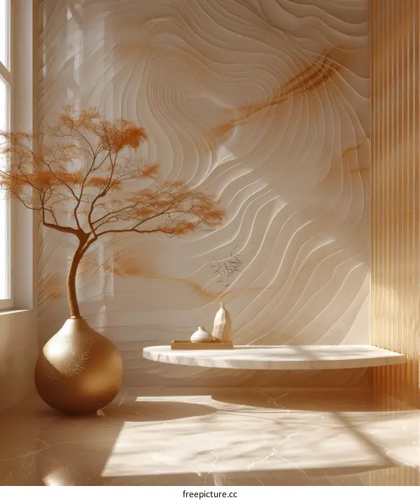 3D rendering of a bonsai tree in a golden vase with a marble background