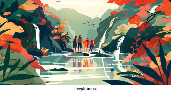 Colorful Illustration of People Hiking in Lush Jungle with Waterfalls